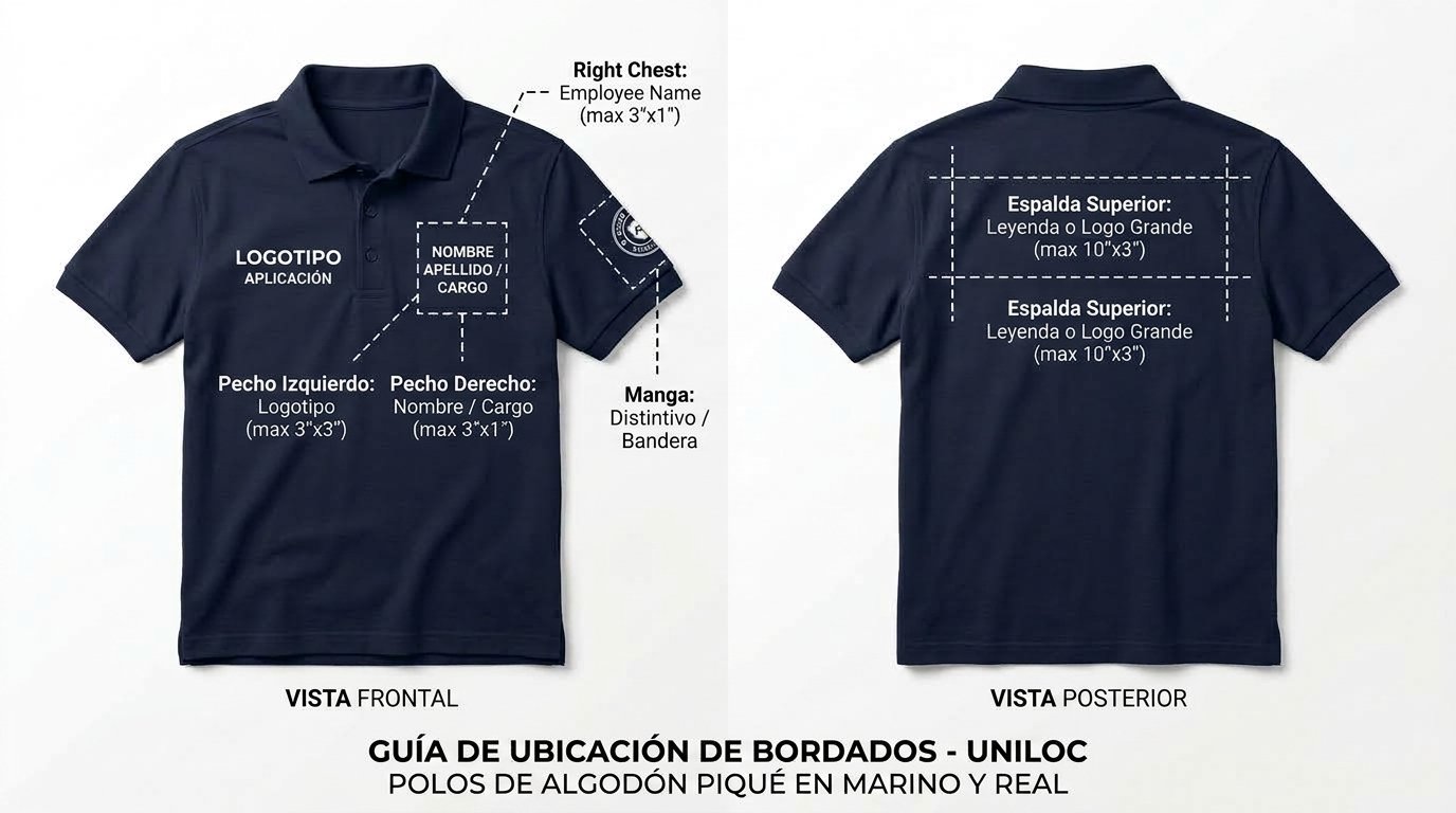 Guía visual de bordado frente y espalda en playeras polo UNILOC